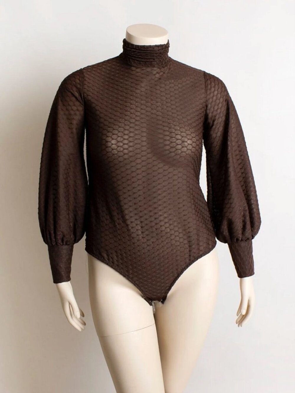 Vintage 1970s Sheer Brown Bodysuit 70s High Neck Large